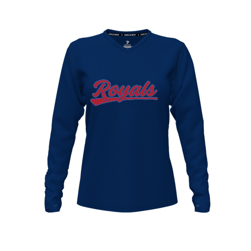 [CUS-DFW-TEES-CMF-VNK-LSL-NVY-FYXS-LOGO2] Decker Comfort T-Shirt (Female Youth XS, Navy, V Neck, Logo 2, Long Sleeve)