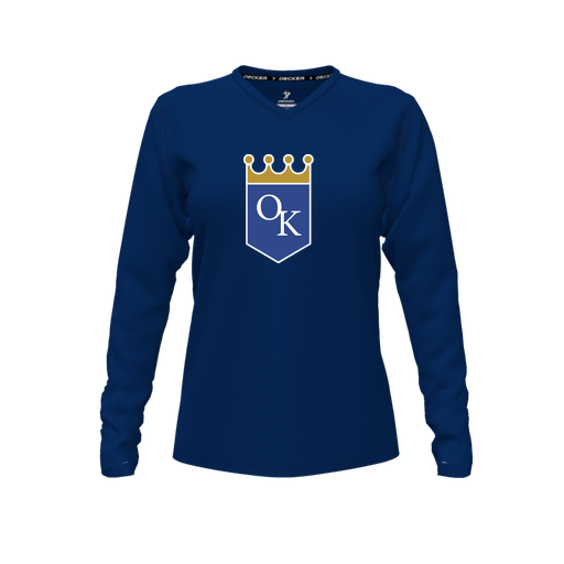 [CUS-DFW-TEES-CMF-VNK-LSL-NVY-FYXS-LOGO3] Decker Comfort T-Shirt (Female Youth XS, Navy, V Neck, Logo 3, Long Sleeve)