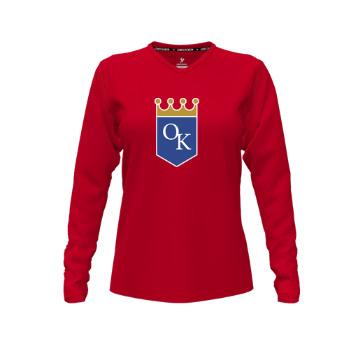 [FTLVCFRD-FYXS-LOGO3] Decker Comfort T-Shirt (Female Youth XS, Red, V Neck, Logo 3, Long Sleeve)